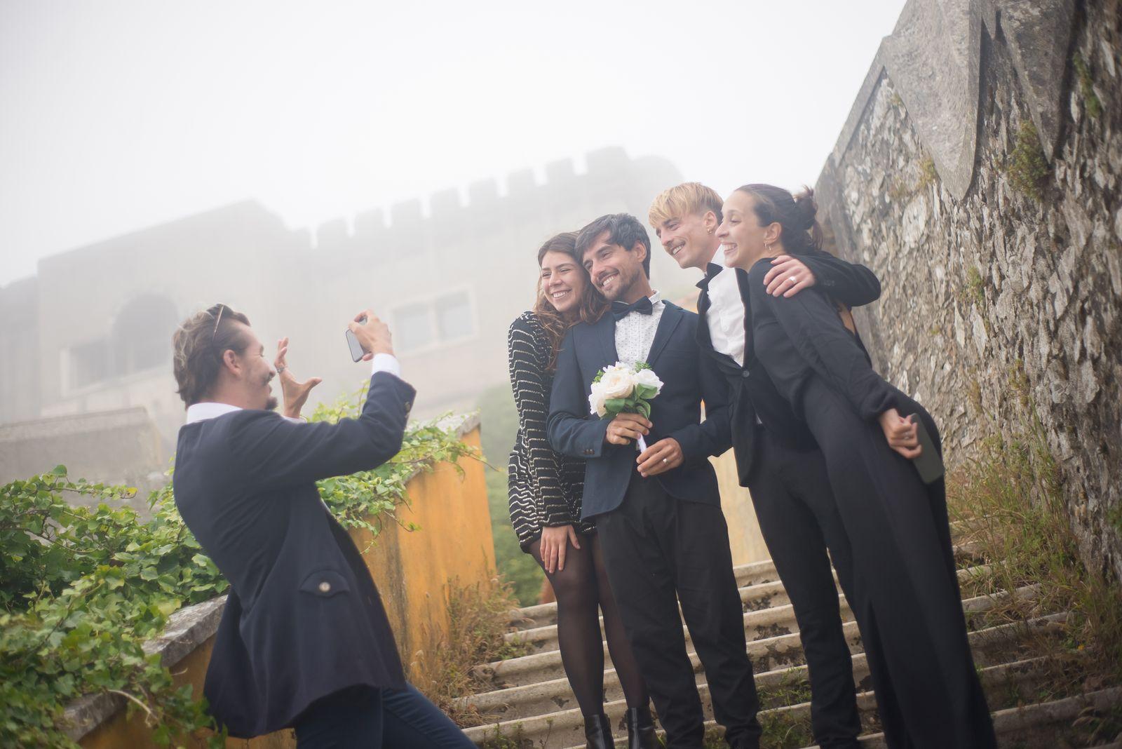 Newlyweds celebrating with friends