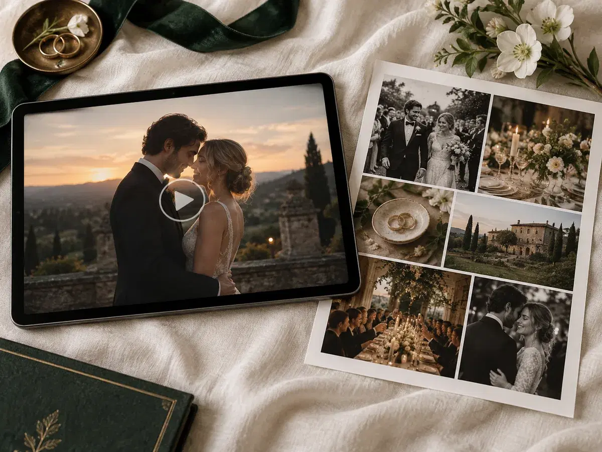 Illustration of wedding memories displayed as a highlights film and collage