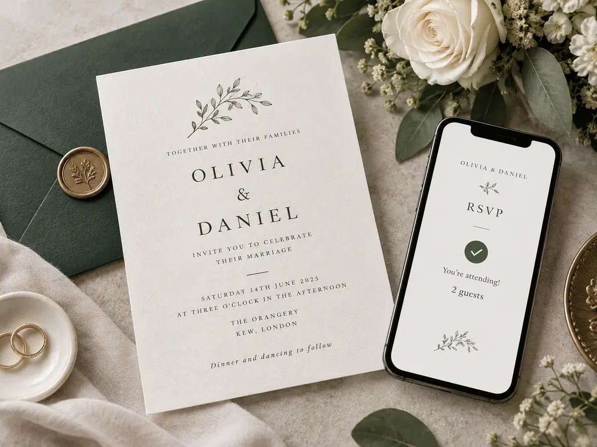 Illustration of Olivia and Daniel's invitation beside an RSVP reply
