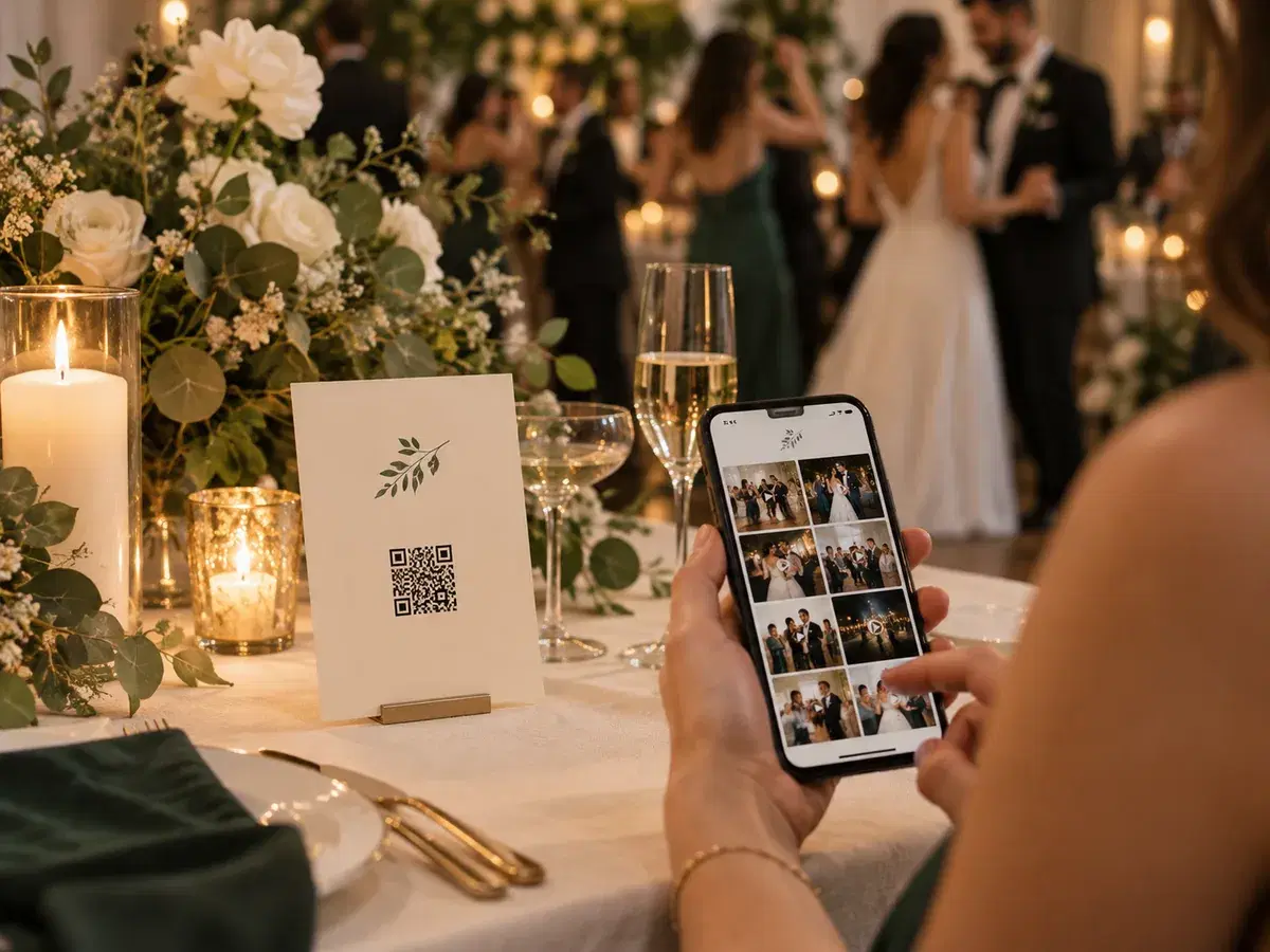 Illustration of wedding guests sharing photos through a private QR code