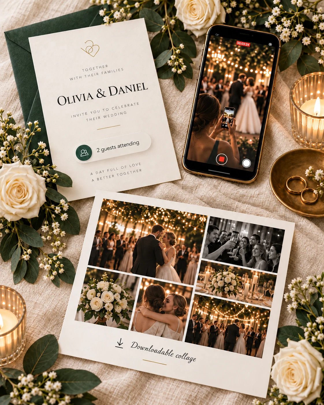 Olivia and Daniel's wedding invitation with an RSVP reply, guest video and a photo collage